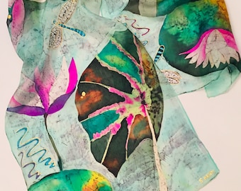 Water lilies hand painted batik silk scarf/French art inspired green and pink scarf/Floral spring Batik shawl/Gift for ladies /Art to wear