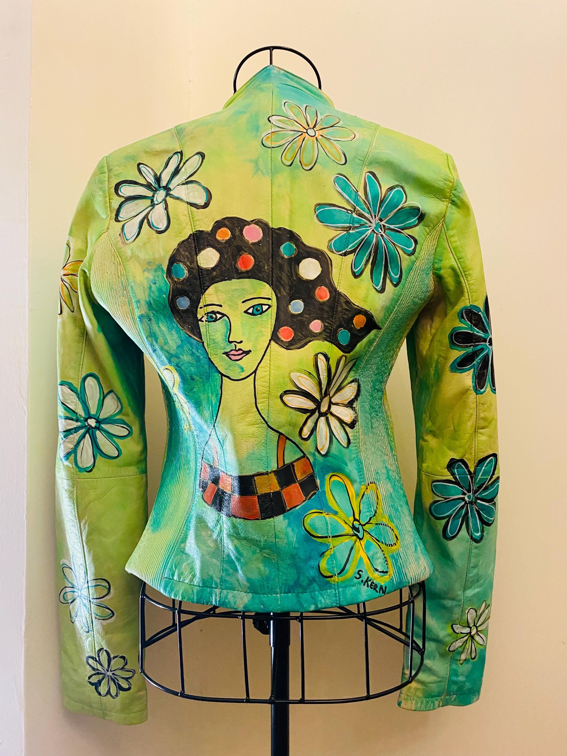 Giacca Di Pelle Vintage Da Donna Dipinta a Mano/giacca Verde Con