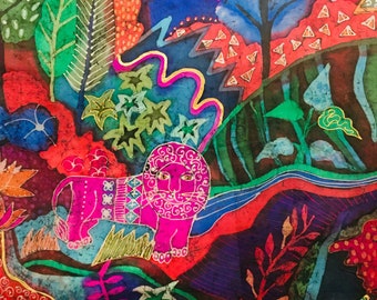 Hand-Painted Silk Scarf: Lion, Batik Floral Art (70x35 inches)