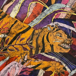 Handpainted batik silk scarf with tiger in the jungle/Red, pink, purple shawl for autumn/Art shawl/Gift for her/Big handmade silk screen
