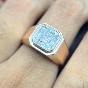 Solitaire Men&#39;s Moissanite Ring, Colorless Asscher Cut Mens Engagement Ring, 10K Rose Gold Ring, Bezel Set Wedding Ring, Gifts for Him