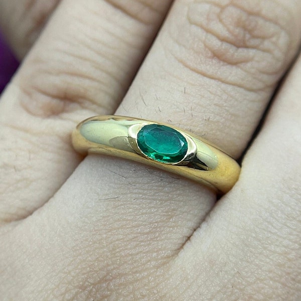 14K Solid Gold Emerald Dome Ring, Dome Bezel Setting Oval Cut Gemstone Ring, East West Setting Ring, Gold Statement Ring, Chunky Gold Ring