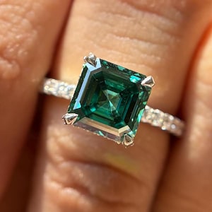 3.00 CTW Asscher Cut Dark Green Moissanite Engagement Ring, Hidden Halo Pave Wedding Ring, Proposal Ring, Claw Prongs Anniversary Ring