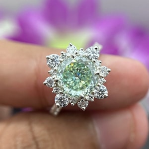 2.00CT Portuguese Cut Engagement Ring, Halo Blue Portuguese Wedding Ring, Cluster Setting Ring, Anniversary Ring, Pave Moissanite Ring