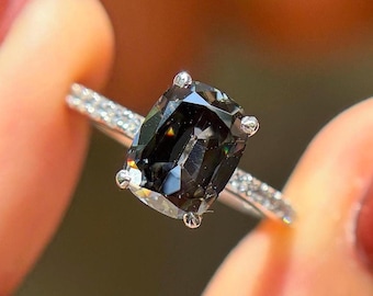 Old Mine Cut Cushion Grey Moissanite Engagement Ring, Vintage 2.00CT Old Cut Moissanite Wedding Ring, Hidden Halo with Accent, Proposal Ring