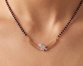 Modern Diamond Mangalsutra Necklace, Minimal Gold Mangalsutra Pendant, Dainty Bridal Mangalsutra Gift for Wife, Indian Jewelry