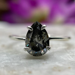 Solitaire Pear Grey Moissanite Ring, Vintage Grey Diamond Ring, Pear Cut Moissanite Engagement Ring, Claw Prong Ring for Women, Custom Made