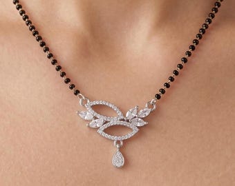 Collar Mangalsutra minimalista de oro de 18 quilates para mujer, joyería nupcial india, elegante colgante de boda, regalo para ella, joyería fina de oro.