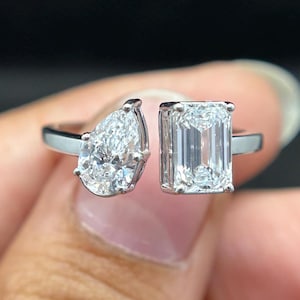 Lab Grown Diamond Toi Et Moi Engagement Ring, Pear & Emerald Two Stone Wedding Ring, White Gold Ring You and Me Anniversary Gifts for Her