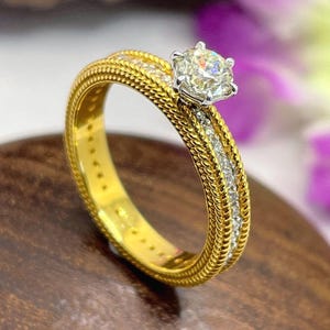 0.50 CT Round Moissanite Solitaire Engagement Ring, Yellow Gold Wedding Ring, Proposal Ring, Pave Set Bridal Ring, Anniversary Gifts