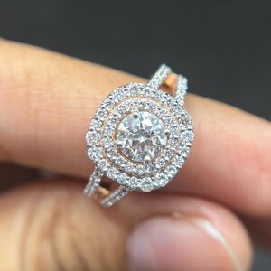 Round Cut Lab Diamond Halo Engagement Ring, Split Shank Ring, Man Made Diamond Ring, Eco Friendly Double Halo Wedding Ring, Gifts for Her