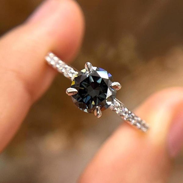 Dark Gray Moissanite Engagement Ring, 1.00 CT Round Grey Diamond Wedding Ring, Solitaire Ring, Proposal Ring, Celebrity Style Ring