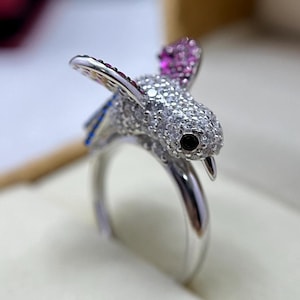 Multi Color Diamond Bird Inspired Ring, Women&#39;s Ring, Animal Inspired Cocktail Ring, Minimalist Bird Ring, Unique Diamond Ring