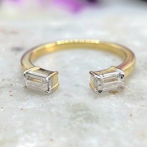 Open Gap Emerald Moissanite Wedding Band, Yellow Gold Band to Stack with Engagement Ring, Two Stone Band for Women, Anniversary Gifts