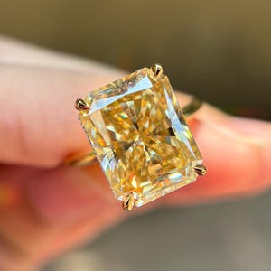Big 8.50CT Radiant Cut Yellow Moissanite Engagement Ring, Hidden Halo Ring, Claw Prongs, Yellow Diamond Proposal Ring, Anniversary Gifts