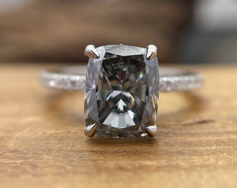 Dark Gray Elongated Cushion Cut Moissanite Solitaire Ring, 14K White Gold Claw Prong Engagement Ring, Grey Cushion Ring, Anniversary Gift