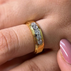 5 Stone Round Cut Moissanite Band for Women, Two Tone Engagement Band, Solid Gold Band, Stackable Band, Flush Set Band, Gifts for Women