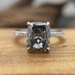 Dark Gray Elongated Cushion Cut Moissanite Solitaire Ring, 14K White Gold Claw Prong Engagement Ring, Grey Cushion Ring, Anniversary Gift