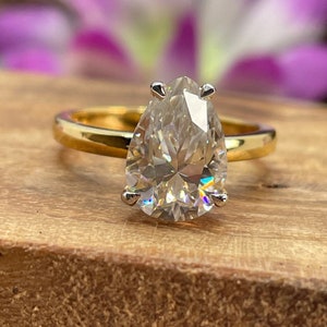 2.50 CT Colorless Pear Moissanite Engagement Ring, Solitaire Ring for Women, Two Tone Hidden Halo Ring, Teardrop Ring, Wedding Rings