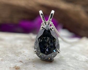 Dark Grey Pear Cut Moissanite Pendant, 2CT Grey Pear Solitaire Pendant, 14K White Gold Pendant, Charms Pendant, Anniversary Gifts for Love