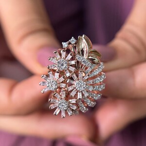 Anillo elegante de diamantes con forma de flor grande, anillo de oro rosa macizo de 14 quilates, anillo de cóctel con flores en flor, anillo de boda, anillo de diamantes en racimo