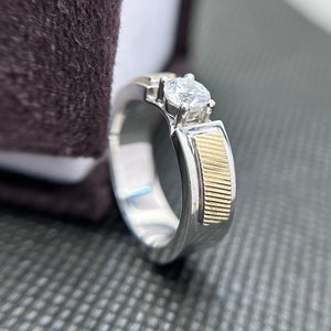 Wide Solitaire Diamond Ring, Two Tone Moissanite Ring, 6MM Wide Thick Band Ring, Thick Solitaire, Solitaire Engagement Ring, 14K Gold Ring