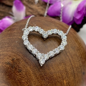 Heart Moissanite Open Pendant, Pave Set Diamond Heart Necklace, Heart Pave Necklace, 14K White Gold Necklace, Women&#39;s Beautiful Necklace