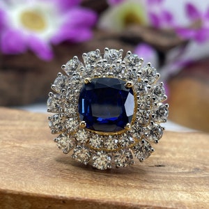 Cushion Blue Sapphire Halo Engagement Ring, Cluster Moissanite Halo Wedding Ring, Big Flower Style Bridal Ring, Yellow Gold Ring