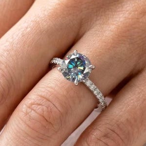 Dark Grey Round Moissanite Engagement Ring, Solitaire Wedding Ring, Pave Band, Proposal Ring, White Gold Ring, Anniversary Gifts