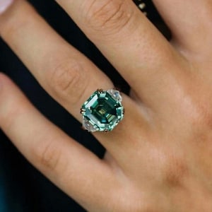 Asscher Cut Moissanite Ring. Engagement Ring. Bridal Set Wedding Ring. Vintage Ring. Three Stone Matching Ring Green Moissanite Promise Ring