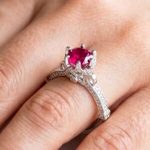 Victorian Style Lab Ruby Engagement Ring, Filigree 10K Gold Promise Ring, Solitaire Proposal Ring, Three Side Pave Ring, Anniversary Gifts