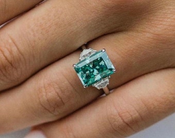 6.00 CT Radiant Cut Green Color Moissanite Engagement Ring. Anniversary Ring. White/Yellow/Rose Gold Ring. Three Stone Ring For Her.