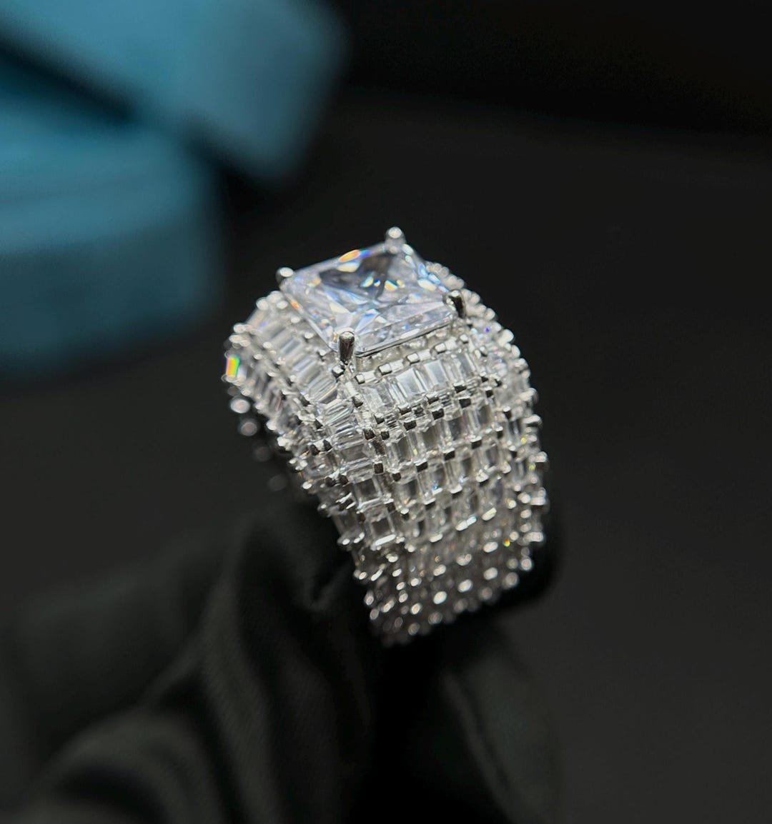 Baugette Rapper Ring Chunky Radiant Cut Iced Out Men's Ring, VVS Moissanite Men's Statement ...