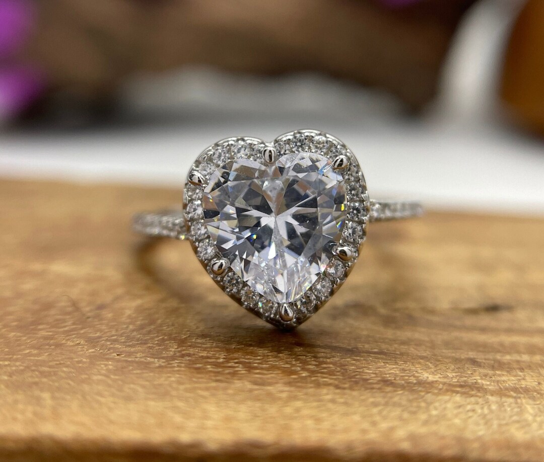 2.00 CT Colorless Heart Moissanite Solitaire Ring, Halo Engagement Ring ...