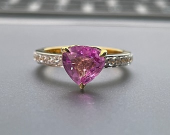Pink Heart Diamond Ring, Proposal Ring For Girlfriend, 14k Yellow Gold Ring, Accent Pave Diamond Ring, Heart Ring, Valentine Ring Gift