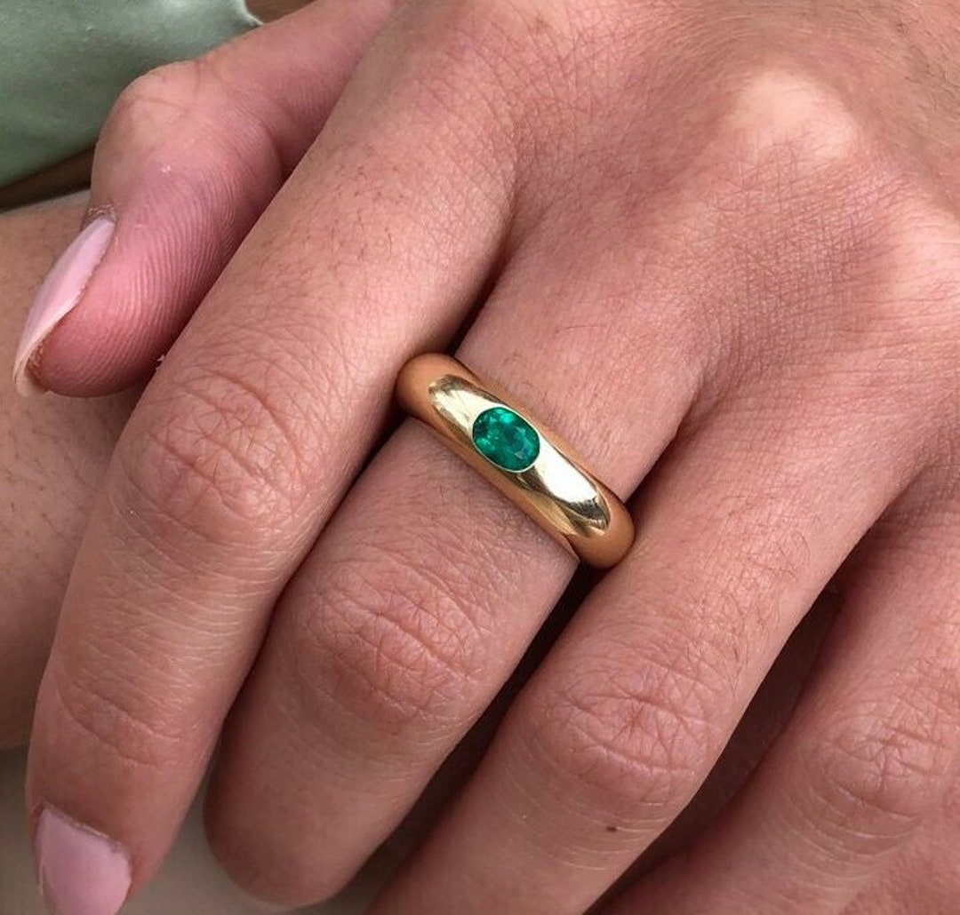 14K Solid Gold Emerald Dome Ring, Dome Bezel Setting Oval Cut Gemstone