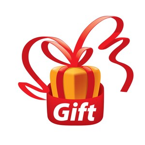 May include: A red ribbon with a bow tied around a yellow gift box with red stripes. The ribbon is curled and the box is labelled "Gift".