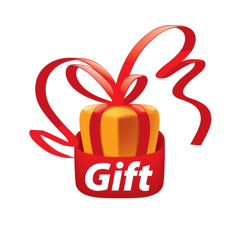 May include: A red ribbon with a bow tied around a yellow gift box with red stripes. The ribbon is curled and the box is labelled "Gift".