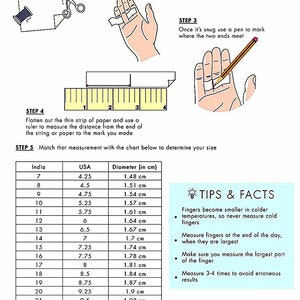 May include: A chart showing ring sizes in both US and Indian sizing, with corresponding measurements in centimetres. The chart includes tips and facts about measuring ring size, such as measuring at the end of the day when fingers are largest.