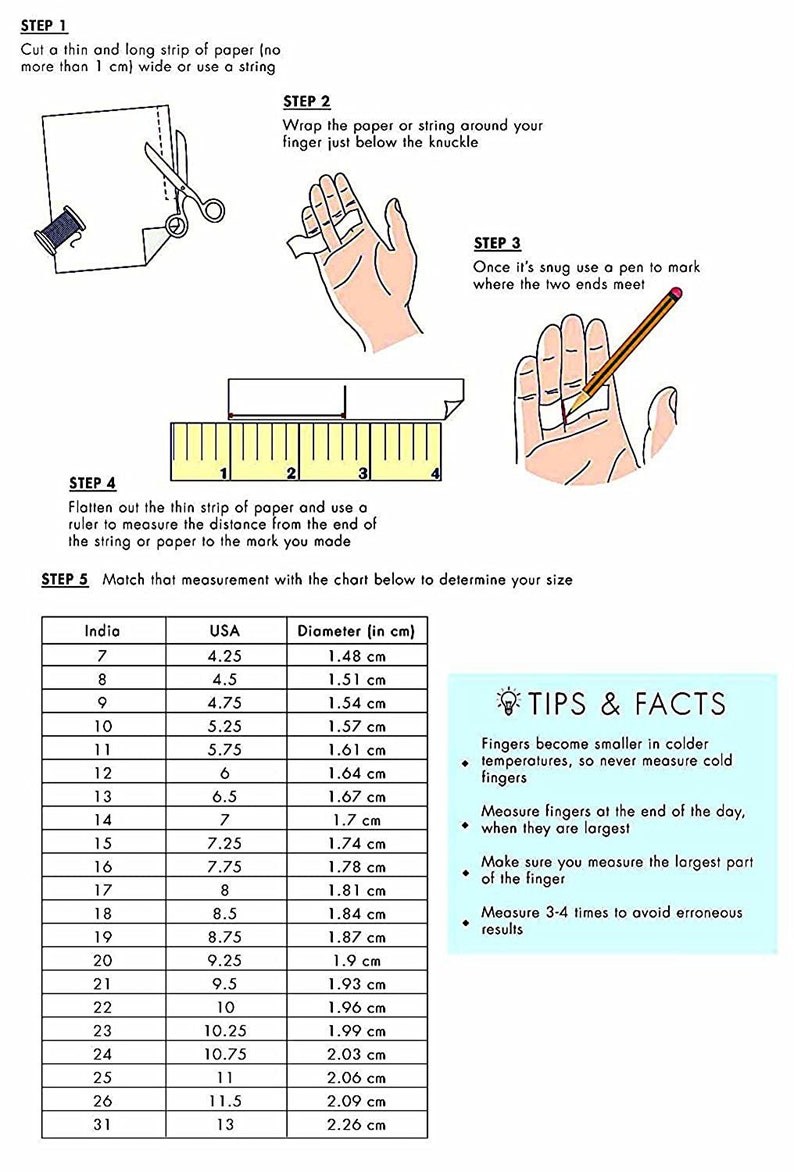 May include: A chart showing ring sizes in both US and Indian sizing, with corresponding measurements in centimetres. The chart includes tips and facts about measuring ring size, such as measuring at the end of the day when fingers are largest.