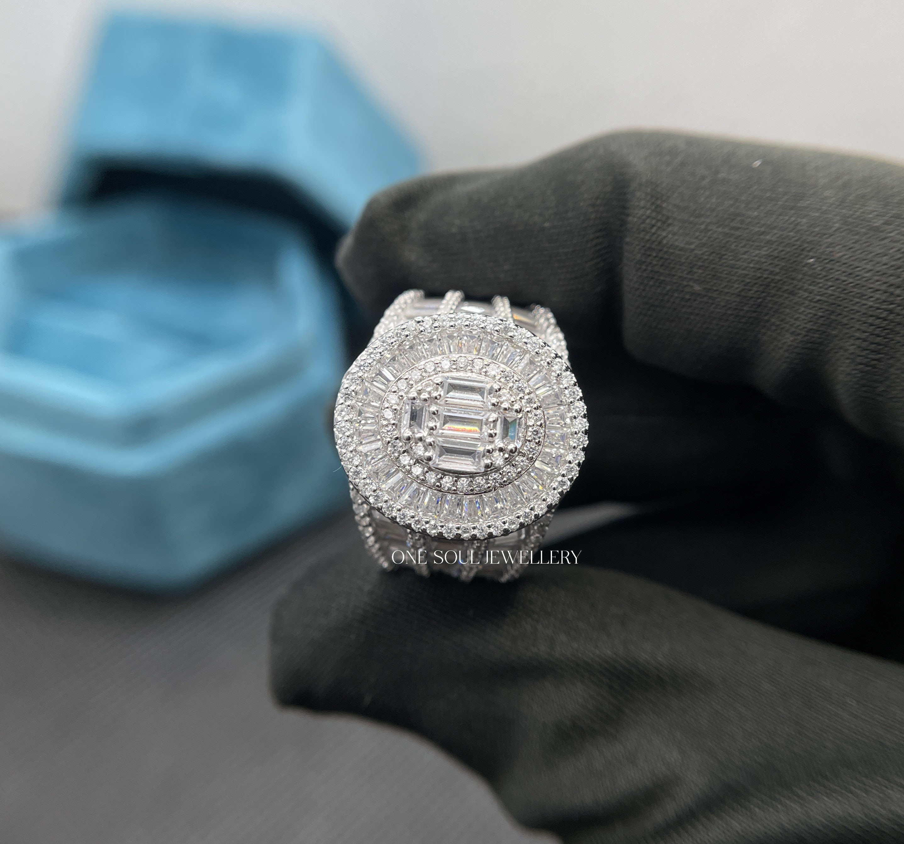 Baugette Rapper Ring Mens Iced Out VVS Moissanite Ring, Baguette Round Diamond Ring for Men ...