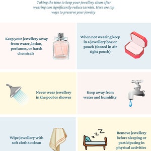 May include: A graphic with tips on how to care for jewellery. The tips include keeping jewellery away from water, lotion, perfumes, and harsh chemicals, storing jewellery in an airtight pouch, not wearing jewellery in the pool or shower, keeping jewellery away from water and humidity, wiping jewellery with a soft cloth, and removing jewellery before sleeping or participating in physical activities.
