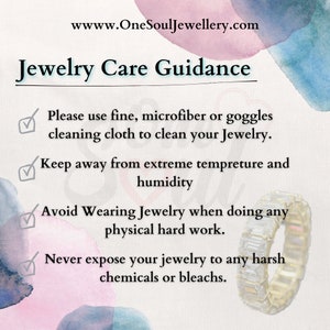 May include: A checklist of jewellery care tips. The tips include using a microfiber cloth to clean jewellery, keeping jewellery away from extreme temperatures and humidity, avoiding wearing jewellery while doing physical work, and never exposing jewellery to harsh chemicals or bleach.