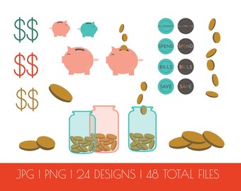 Money Clipart | Speichern und Ausgeben von Clipart-| Kommerzielle Nutzung | Piggy Bank Clipart | Geld Jar Clipart | Zuschuss-Ausgaben Sparen Rechnungen Planung