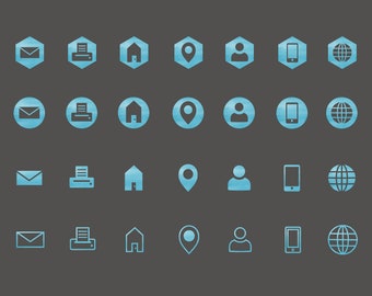 May include: A set of 40 blue icons in different shapes, including a mail envelope, a printer, a house, a location pin, a person, a smartphone, and a globe. The icons are arranged in four rows of ten icons each.