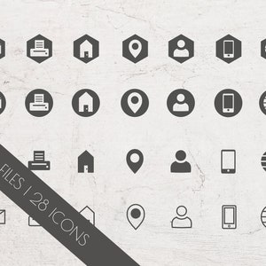 May include: A set of 28 dark grey icons, featuring designs such as envelopes, printers, houses, location markers, user profiles, smartphones, and globes. The icons are shown in hexagonal and circular frames, and also in a simple line style. The text "PNG FILES | 28 ICONS" is visible.