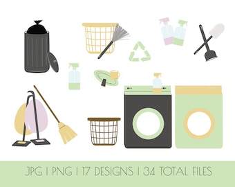 Cleaning Clipart | Chores Clipart for Kids | Housework Clipart | Commercial Use | Broom Duster Washing Machine Laundry Trash Clipart
