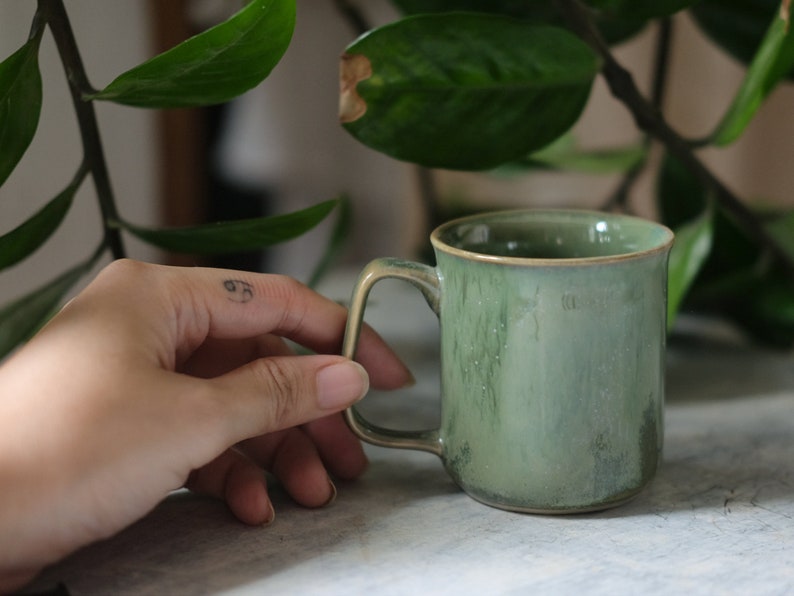 Thin Mug for Coffee and Tea in crystal green glaze Vietnamese handmade image 1