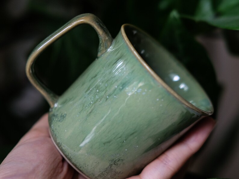 Thin Mug for Coffee and Tea in crystal green glaze Vietnamese handmade image 2