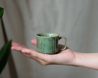 Double Espresso Ceramic Mug in Crystal Green Glaze - Vietnamese handmade